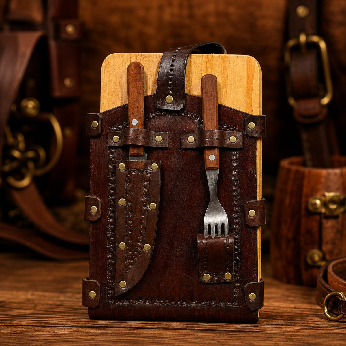 Tabla artesanal con porta cubiertos de cuero